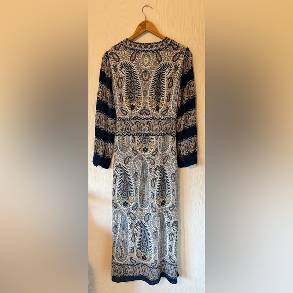 ETRO Mosaic Paisley White and Navy Print Tassel Long Sleeve Maxi Boho Dress - Picture 9 of 17